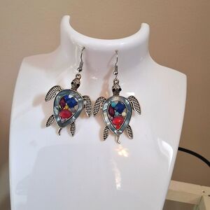 NEW Silver Jeweled Turtle Dangle Earrings